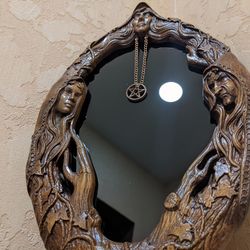 magic mirror scrying mirror, wall mirror carved on wood, witch altar tile, black mirror