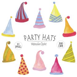 Watercolor party hats clipart, 11 hand painted PNG, Birthday clip art, Colorful shapes, Party graphics, Scrapbook Supply