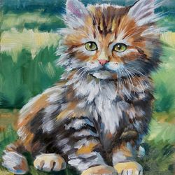 Cute Little Kitten Oil Art On Cardboard