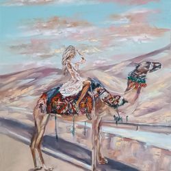 Desert Painting Woman Original Art Camel Oil Painting Landscape Wall Art