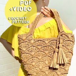 Crochet Raffia tote bag, Beach Shopping bag, Crochet pattern bag, Download Tutorial PDF VIDEO