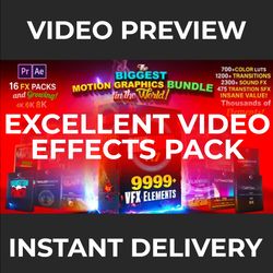 Excellent Video Effects Pack for Adobe Premiere Pro & Adobe After Effects. Transitions, LUTs, Sound Packs, Video Overlay