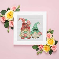 Mother and son, Mother's Day cross stitch, Gnome cross stitch, Floral cross stitch, Counted cross stitch