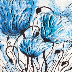Poppies Oil Painting Original Art Blue Poppies Wall Art Flower Painting Blue Abstract Artwork Impasto