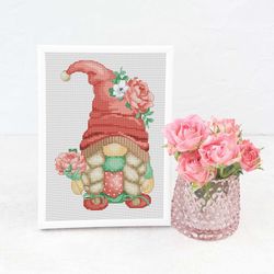 Girl with a roses, Cross stitch pattern, Gnome cross stitch, Floral cross stitch, Counted cross stitch, Spring cross sti