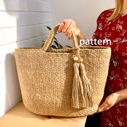 Jute crochet Bag with lining and tassel, Beach basket bag, Crochet Pattern bag, Download Tutorial PDF VIDEO