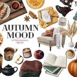 Autumn Mood Watercolor clipart, Candles, hot drink, book, autumn clip art