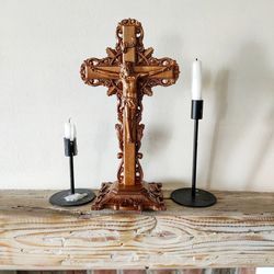 Wooden Crucifix 15,35" height, Jesus Christ, carved wooden cross, Catholic cross Wood Crucifix catholic cross