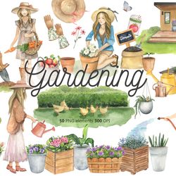 Summer Gardening Watercolor clipart, Garden Tools Watercolor Set,PNG 300 DPI Clipart