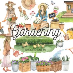 summer gardening watercolor clipart, garden tools watercolor set,png 300 dpi clipart