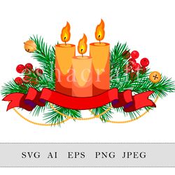 Christmas composition with candles, ribbon, bells