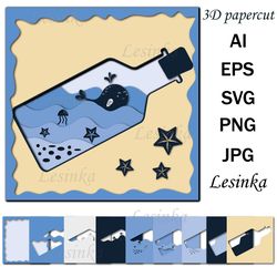 cute little whale in a bottle, papercut svg