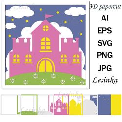 Princess Castle and Clouds postcard template, paper clipping