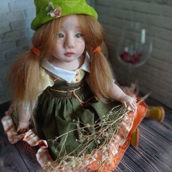 interior unique doll. Textile collection doll in clothes.