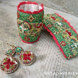 jewelry set of bracelets cuffs and earrings boho folk style luxury outfit, luxury jewelry