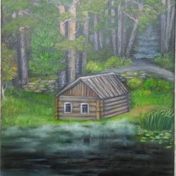 Forest house  oil painting on canvas Lake original oil artwork landscape