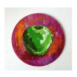 Apple Painting Original Art Fruit Painting Round Wall Art Food Painting Oil