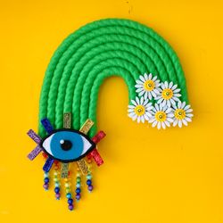 Funny room decor, macrame rainbow wall hanging with evil eye and cute flowers, perfect gift idea, boho home decor