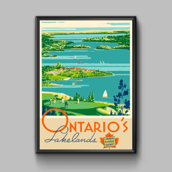 ontarios lakelands vintage travel poster, digital download