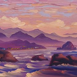 The Start Of Dawn on the Beach in Oregon Original Oil Art On Cardboard