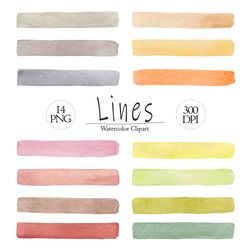 Watercolor lines clipart, 14 Hand painted shapes, Brush strokes PNG, Natural colors clip art, Logo & Banner graphics