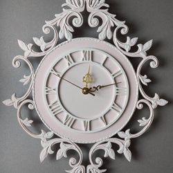Small pink wall clock with white ornaments in vintage style Silent wall clock for bedroom Wall decor