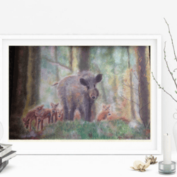 On a walk original painting forest animals family handmade