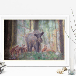 on a walk original painting forest animals family handmade