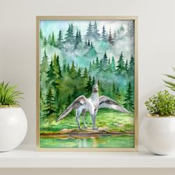 Hippogriff watercolor poster,  Harry Potter wall art, Download digital print, Misty forest wall decor