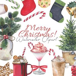 Marry Christmas Watercolor Clipart, Christmas tree set, Winter Decor clipart, Digital, PNG, 300 DPI