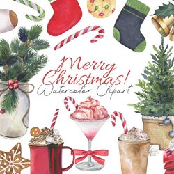 marry christmas watercolor clipart, christmas tree set, winter decor clipart, digital, png, 300 dpi