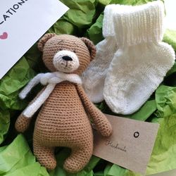 Woodland baby shower Crochet teddy bear Knitted baby socks New mom gift Pregnancy reveal gift idea Pregnancy announce