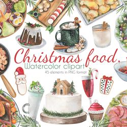 Christmas food watercolor clipart, Christmas dishes watercolor set, Festive menu clipart, Digital, PNG, 300 DPI