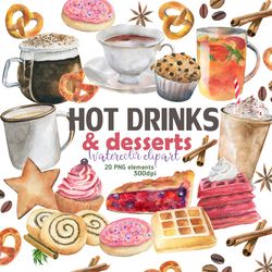 Hot drinks & desserts watercolor clipart, Autumn treats watercolor set, Coffee, Tea, Cookies, Cake, Digital, PNG, 30 DPI