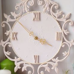 Small pink wall clock with gold ornaments in vintage style Silent wall clock Home decor Gift for her Wedding gift