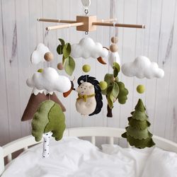 Hedgehog in the green forest felt baby crib mobile, Woodland nursery cot mobile, Wild forest animals baby mobile