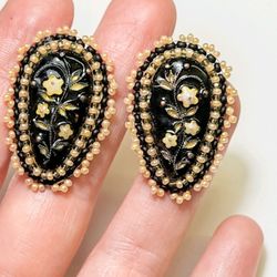 Black Enamel Flower Earrings beaded embroidered boho earrings