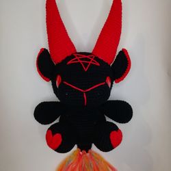 Black baphomet plush with heart, Crochet animal, Gothic toy, Creepy amigurumi, Horror doll, Monster toy.