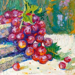 Grape Painting Original Art Fruit Artwork Food Wall Art Impasto Oil Painting Small 8 by 8 inches
