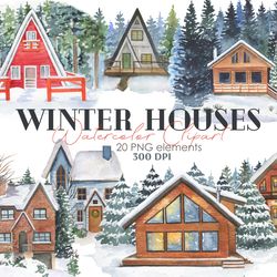 Winter Houses Watercolor Clipart, Snow Houses Collection, Winter Clipart, Digital, PNG, 300 DPI