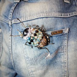 embroidered brooch with a beetle in a sweater and jeans, a joke brooch
