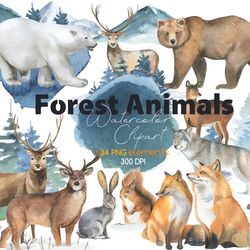 Forest Animals Watercolor Clipart, Winter Forest Clipart, Digital, PNG, 300 DPI
