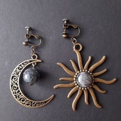 Moon and sun clip on dangle earrings, celestial bronze clip on earrings