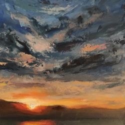 Original oil painting "Sunset over the lake" hand painted.