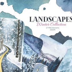 Watercolor Landscapes Collection, Winter Landscapes Clipart, Digital, PNG, 300 DPI