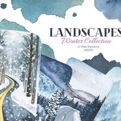 watercolor landscapes collection, winter landscapes clipart, digital, png, 300 dpi