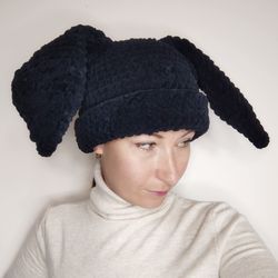 Black bunny hat J-Hope hat with bunny ears Fluffy bunny beanie crochet Plush bunny beanie hand knit