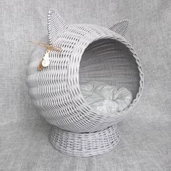 Cat lounge Basket wicker bed Pet cave Gray color pet house Cozy wicker cat basket bed with ears Cat bed cute