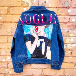 Painted Denim Jacket Handmade Custom jacket Vogue magazine Fashion Style Girl Dark blue jean jacket Light blue denim