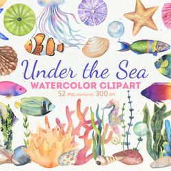 under the sea watercolor clipart, watercolor fish collection, digital, png, 300 dpi